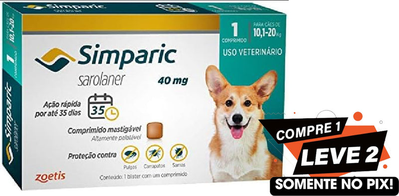 Simparic 40mg Para Cães 10,1 A 20kg Com 1 Comprimidos